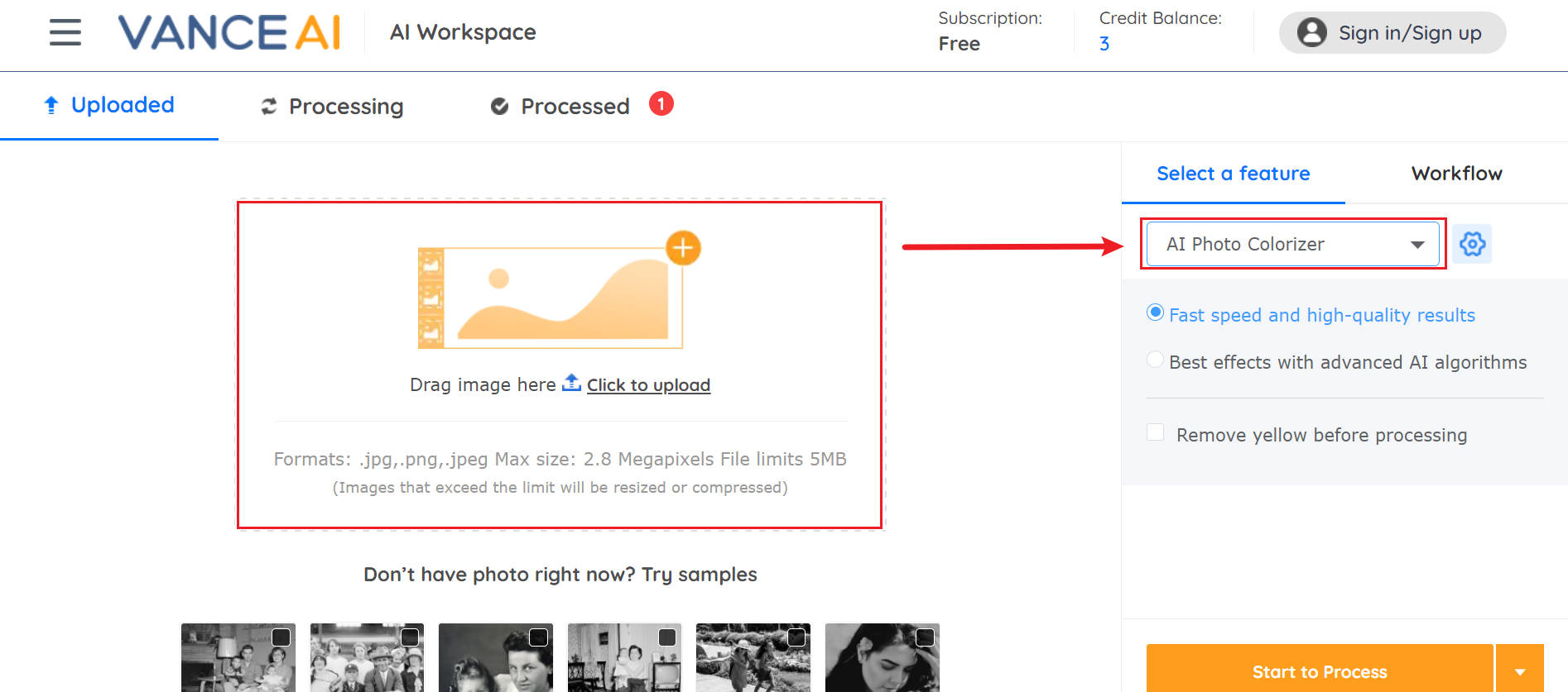 workspace of VanceAI Colorizer